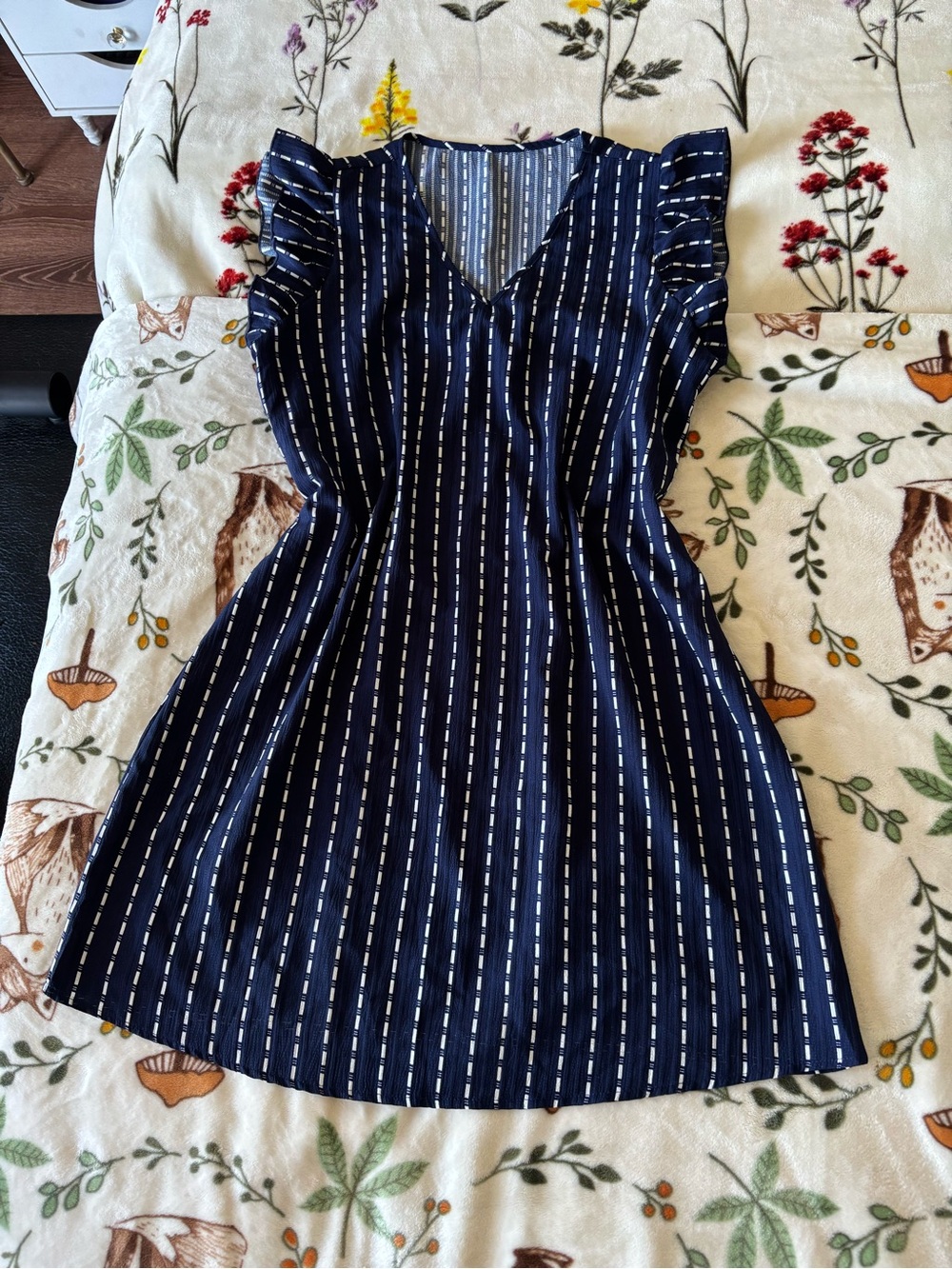 Navy Striped V-Neck Flutter Sleeve Mini Dress